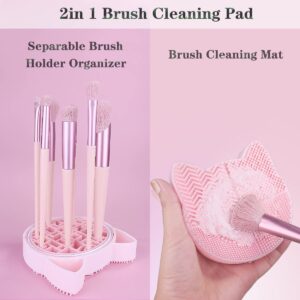 2 in 1 Design Makeup Brush Cleaning Mat with Brush Drying Holder, Silicon Cat Shaped Brush Cleaner Pad & Cosmetic Brush Organizer Rack, Portable Washing Tool for Makeup (Pink)