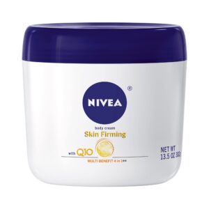 nivea skin firming q10 body cream, 4-in-1 dry skin moisturizer with fresh scent, skin firming cream enriched with q10, 13.5 oz jar