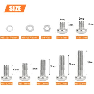 HELIFOUNER 128 Pieces M6 x 8mm /10mm /12mm /16mm /20mm /25mm /30mm, Phillips Pan Head Machine Screws, Metric Screws Bolts Washers Nuts Kit, 304 Stainless Steel