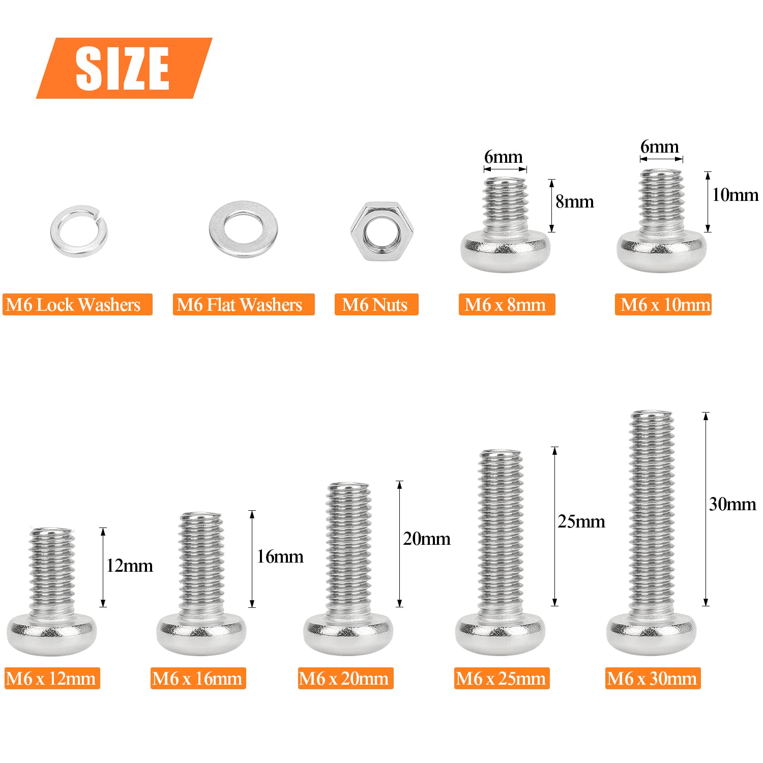 HELIFOUNER 128 Pieces M6 x 8mm /10mm /12mm /16mm /20mm /25mm /30mm, Phillips Pan Head Machine Screws, Metric Screws Bolts Washers Nuts Kit, 304 Stainless Steel