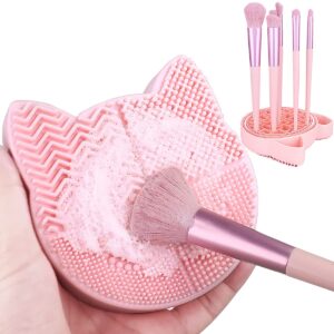 2 in 1 design makeup brush cleaning mat with brush drying holder, silicon cat shaped brush cleaner pad & cosmetic brush organizer rack, portable washing tool for makeup (pink)