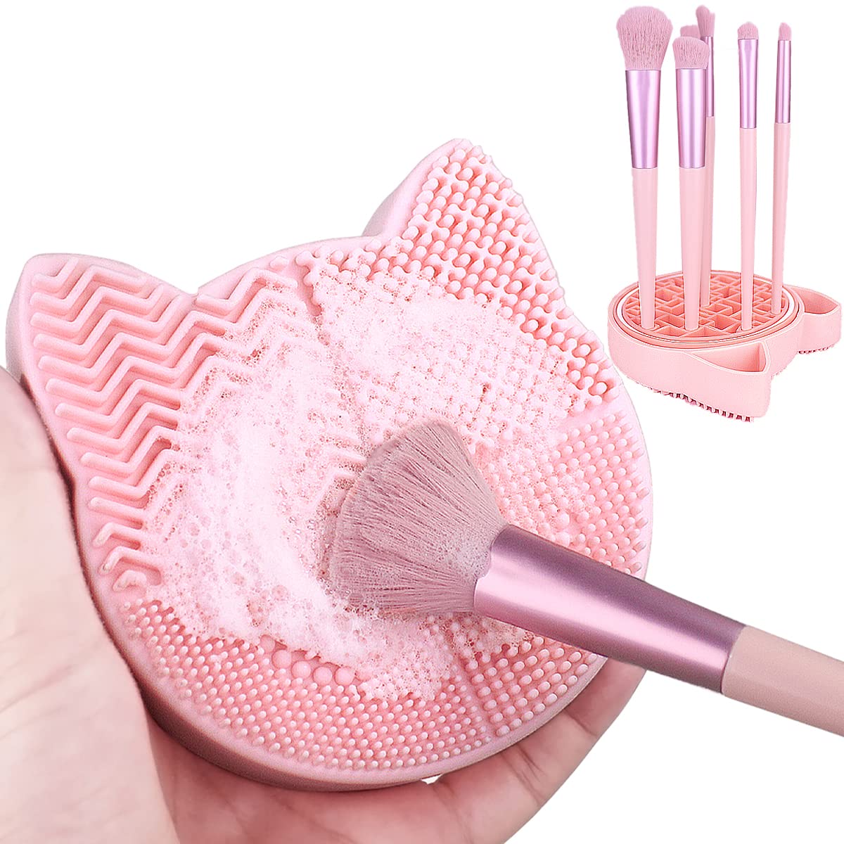 2 in 1 Design Makeup Brush Cleaning Mat with Brush Drying Holder, Silicon Cat Shaped Brush Cleaner Pad & Cosmetic Brush Organizer Rack, Portable Washing Tool for Makeup (Pink)