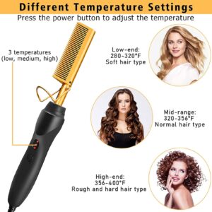 Goiple Electric Hot Comb Hair Straightener, Deluxe Electrical Straightening Comb Curling Iron for Natural Black Hair Wigs Pressing Combs with Wig Glue Hair Wax Stick Set…