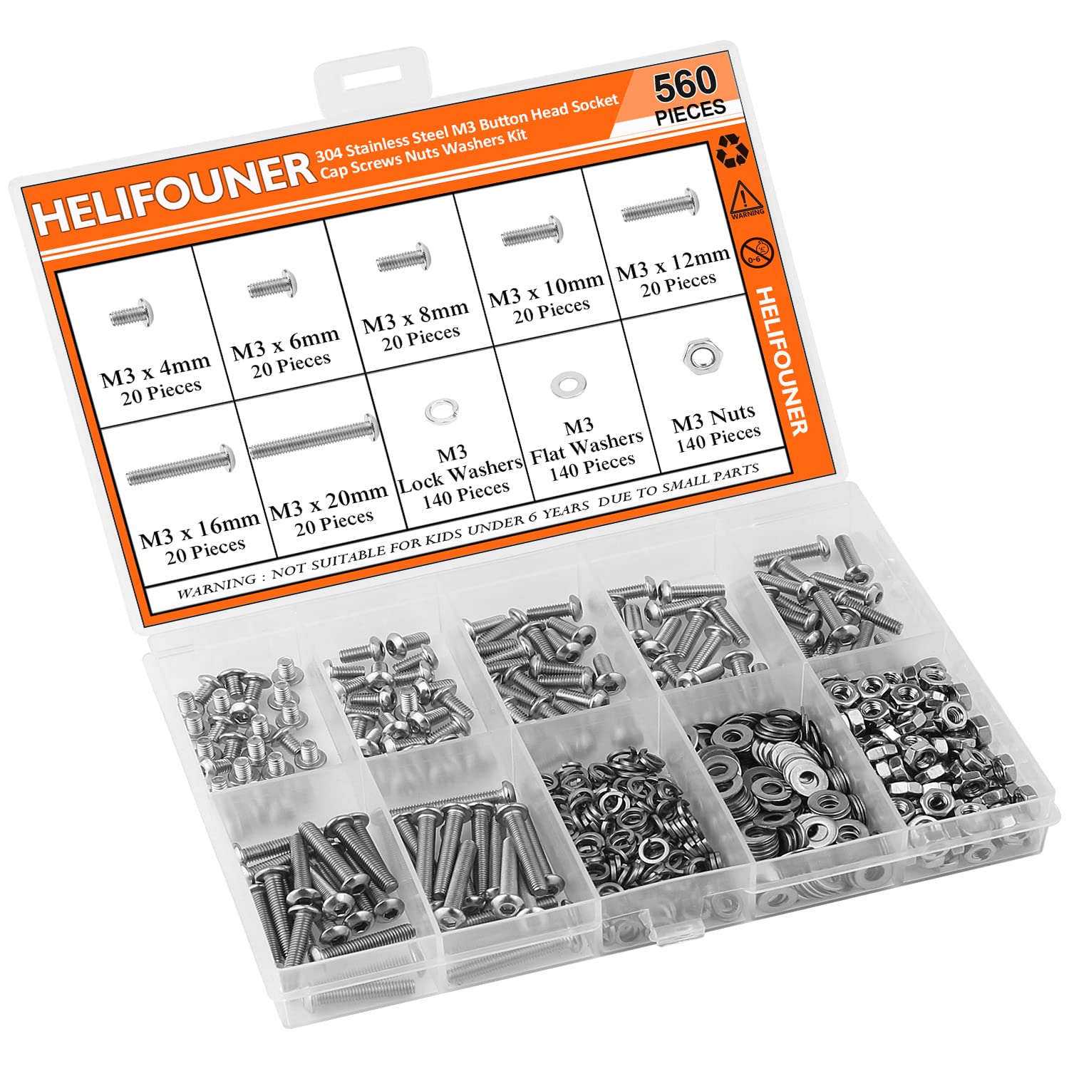 HELIFOUNER 560 Pieces M3 x 4mm /6mm /8mm /10mm /12mm /16mm /20mm, Button Head Socket Cap Screws Bolts Washers Nuts Kit, 304 Stainless Steel