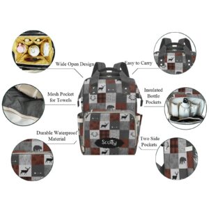 Woodland Animals Patchwork Deer Bear Personalized Diaper Backpack with Name,Custom Travel DayPack for Nappy Mommy Nursing Baby Bag One Size