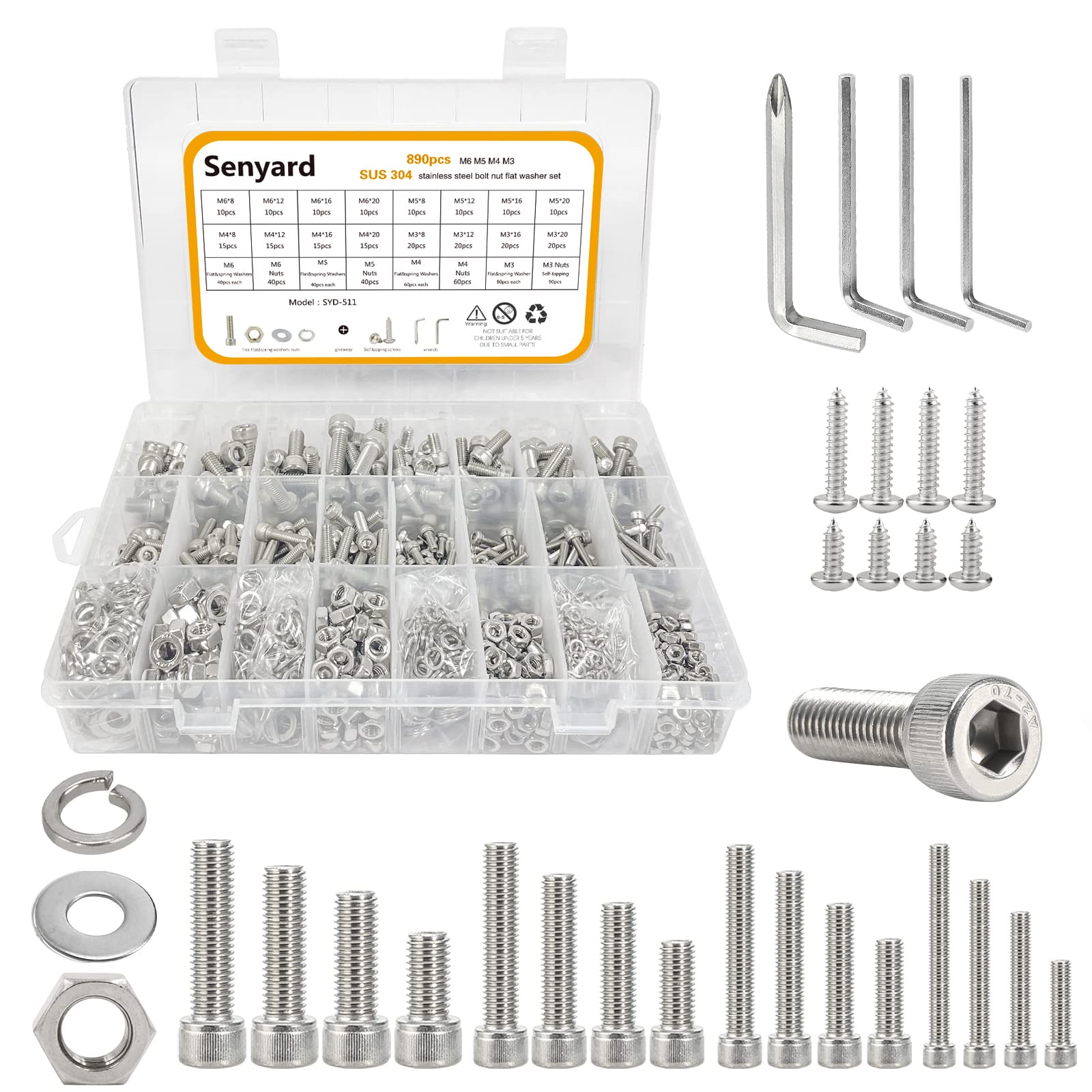 890pcs M6 M5 M4 M3 Metric Screw Assortment,Metric Bolts and Nuts Kit（with Lock&Flat washers・Wrenches） Socket Head Cap Screws 304 Stainless Steel Hex Head Metric Screws Assortment Set with Case