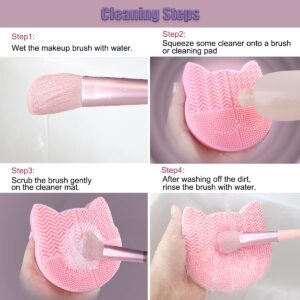 2 in 1 Design Makeup Brush Cleaning Mat with Brush Drying Holder, Silicon Cat Shaped Brush Cleaner Pad & Cosmetic Brush Organizer Rack, Portable Washing Tool for Makeup (Pink)