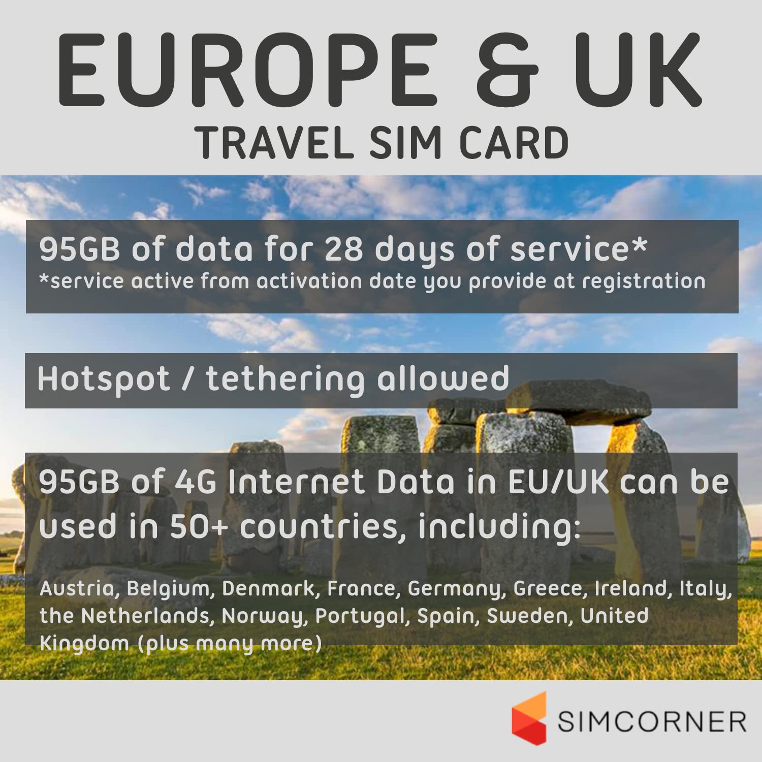 Europe UK Travel SIM Card (95 GB, 28 Days) - Prepaid SIM Card w/Data & Unlimited Minutes to EU & UK Numbers - 3-in-1 Tethering/Hotspot Card - Standard, Micro, & Nano SIM Card for Unlocked Phones