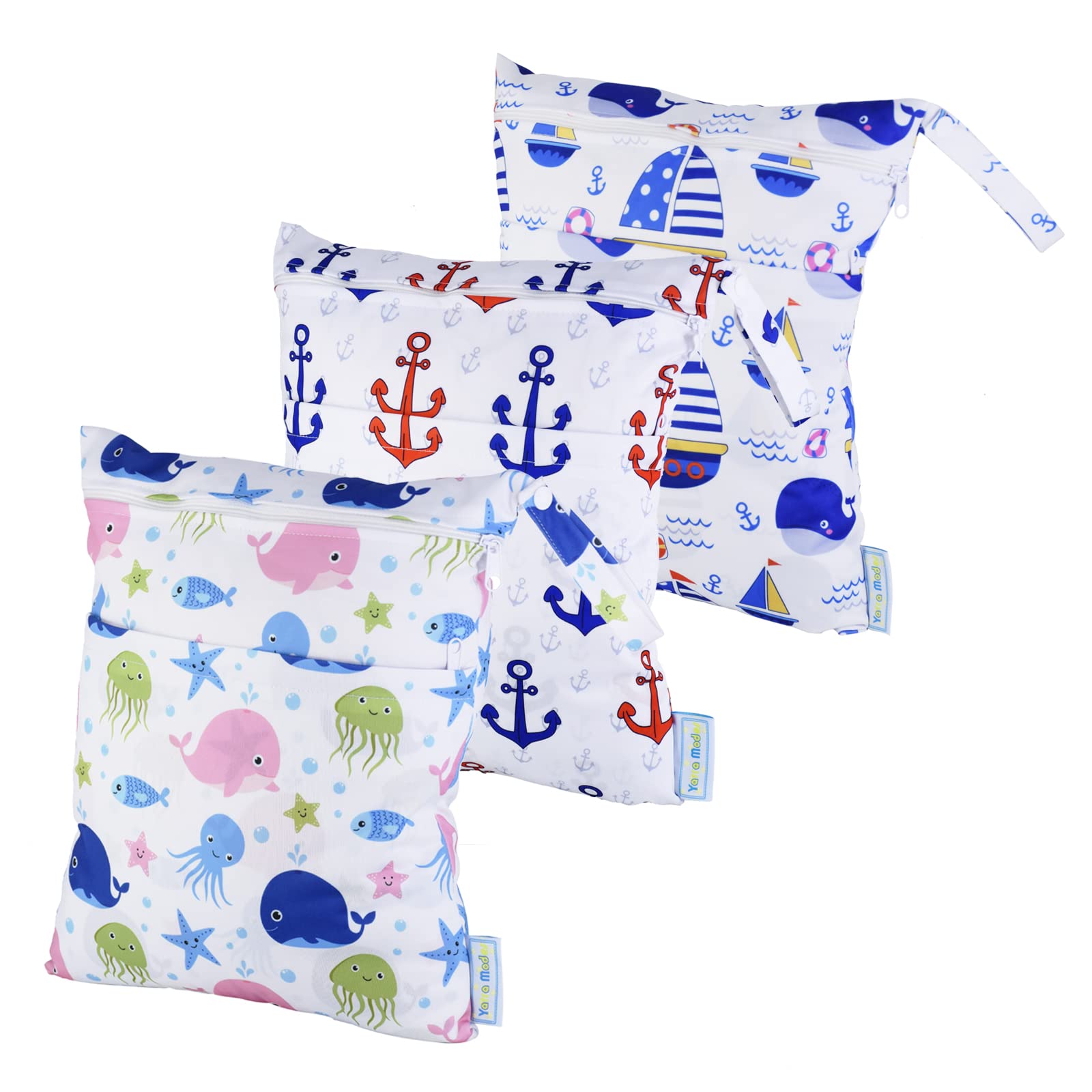 3 Pcs Cloth Diaper Wet Dry Bags Waterproof Reusable Travel Daycare Baby Pump Parts Bag for Swimsuits Clothes with Zipper (Whale + Sailing + Anchor)