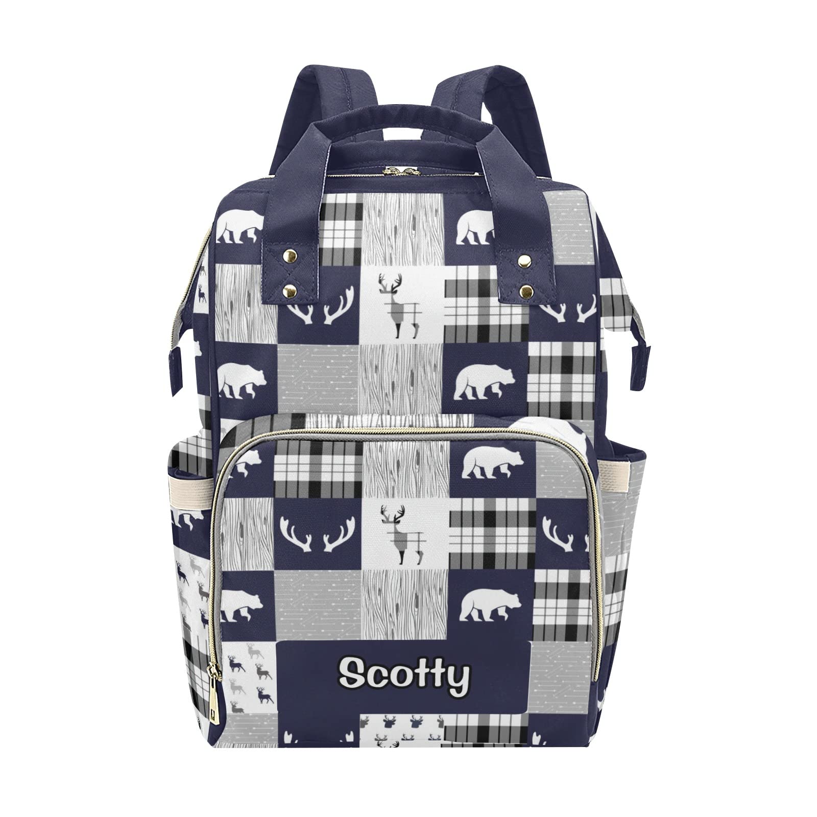 Forest Blue Patchwork Bear Plaid Deer Personalized Diaper Backpack with Name,Custom Travel DayPack for Nappy Mommy Nursing Baby Bag One Size