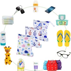 3 Pcs Cloth Diaper Wet Dry Bags Waterproof Reusable Travel Daycare Baby Pump Parts Bag for Swimsuits Clothes with Zipper (Whale + Sailing + Anchor)