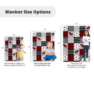 Woodland Deer Personalized Baby Blankets - Customized Name Nursery Soft Plush Minky Blankets for Girls Kids, Red Plaid Design Swadding Blankets Nursery Stroller Crib Receiving Blankets Infant Newborn