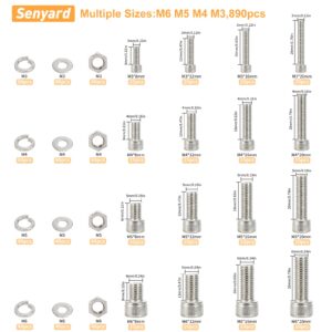 890pcs M6 M5 M4 M3 Metric Screw Assortment,Metric Bolts and Nuts Kit（with Lock&Flat washers・Wrenches） Socket Head Cap Screws 304 Stainless Steel Hex Head Metric Screws Assortment Set with Case