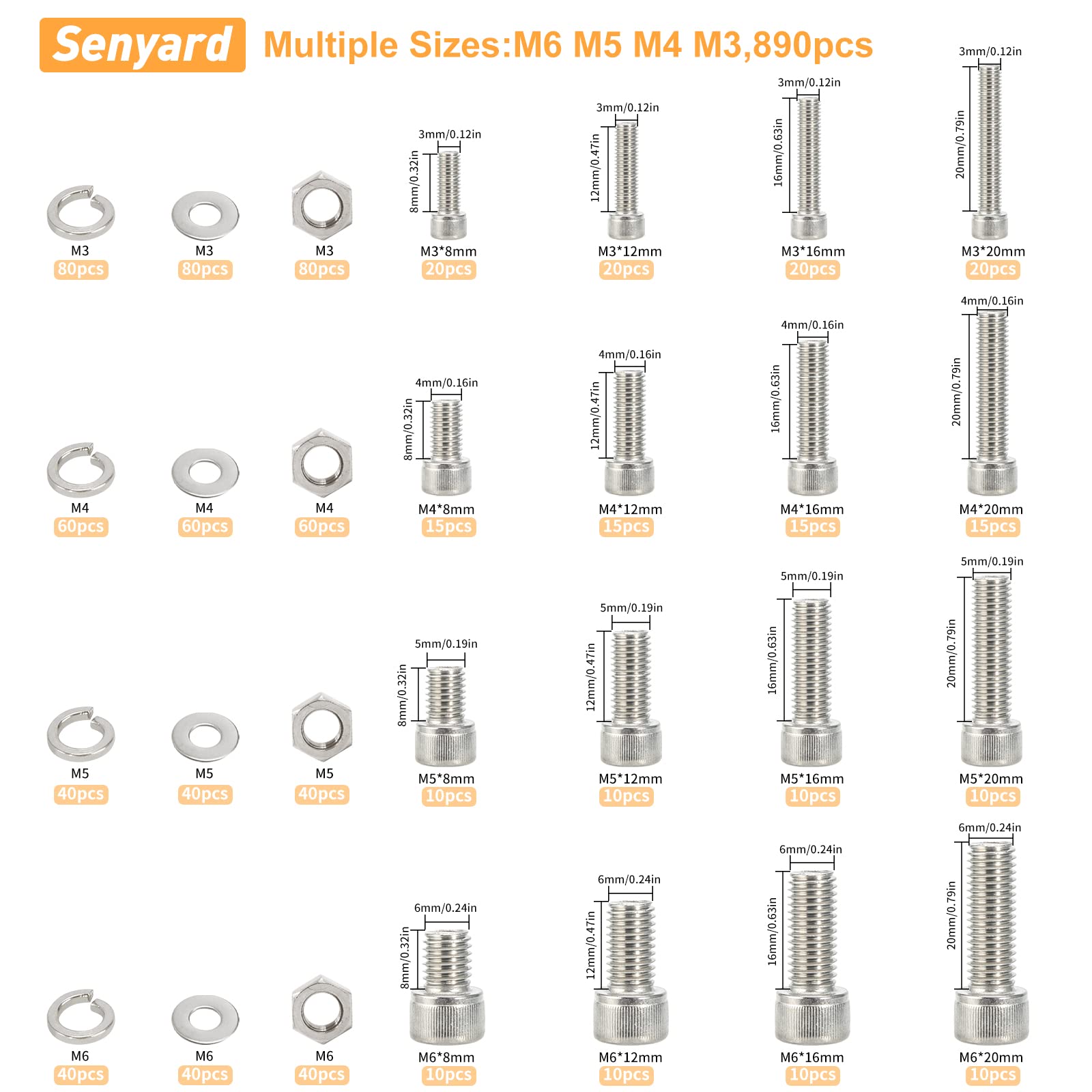 890pcs M6 M5 M4 M3 Metric Screw Assortment,Metric Bolts and Nuts Kit（with Lock&Flat washers・Wrenches） Socket Head Cap Screws 304 Stainless Steel Hex Head Metric Screws Assortment Set with Case