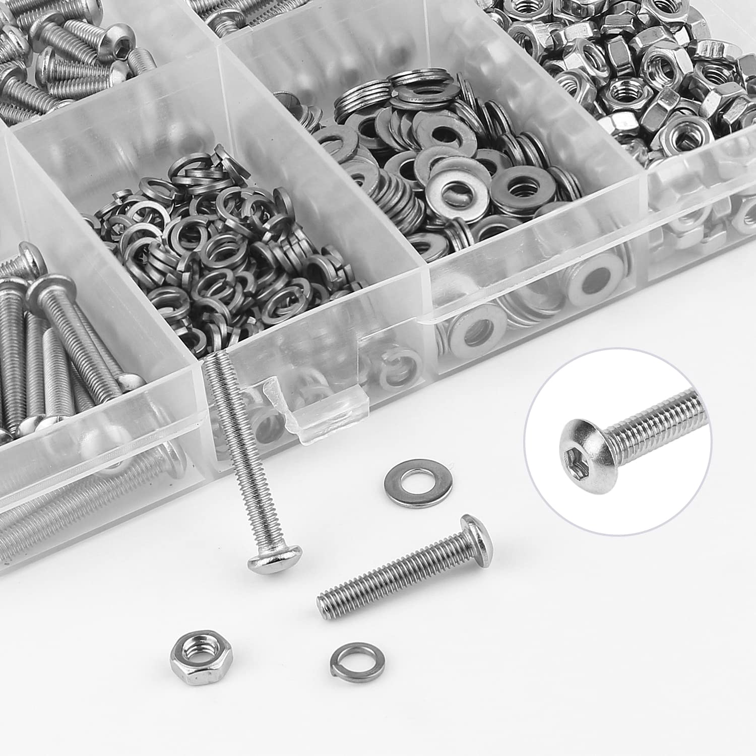 HELIFOUNER 560 Pieces M3 x 4mm /6mm /8mm /10mm /12mm /16mm /20mm, Button Head Socket Cap Screws Bolts Washers Nuts Kit, 304 Stainless Steel