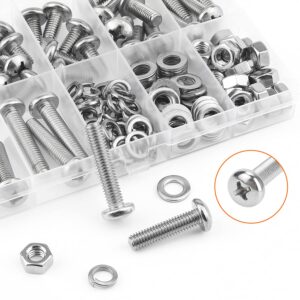 HELIFOUNER 128 Pieces M6 x 8mm /10mm /12mm /16mm /20mm /25mm /30mm, Phillips Pan Head Machine Screws, Metric Screws Bolts Washers Nuts Kit, 304 Stainless Steel