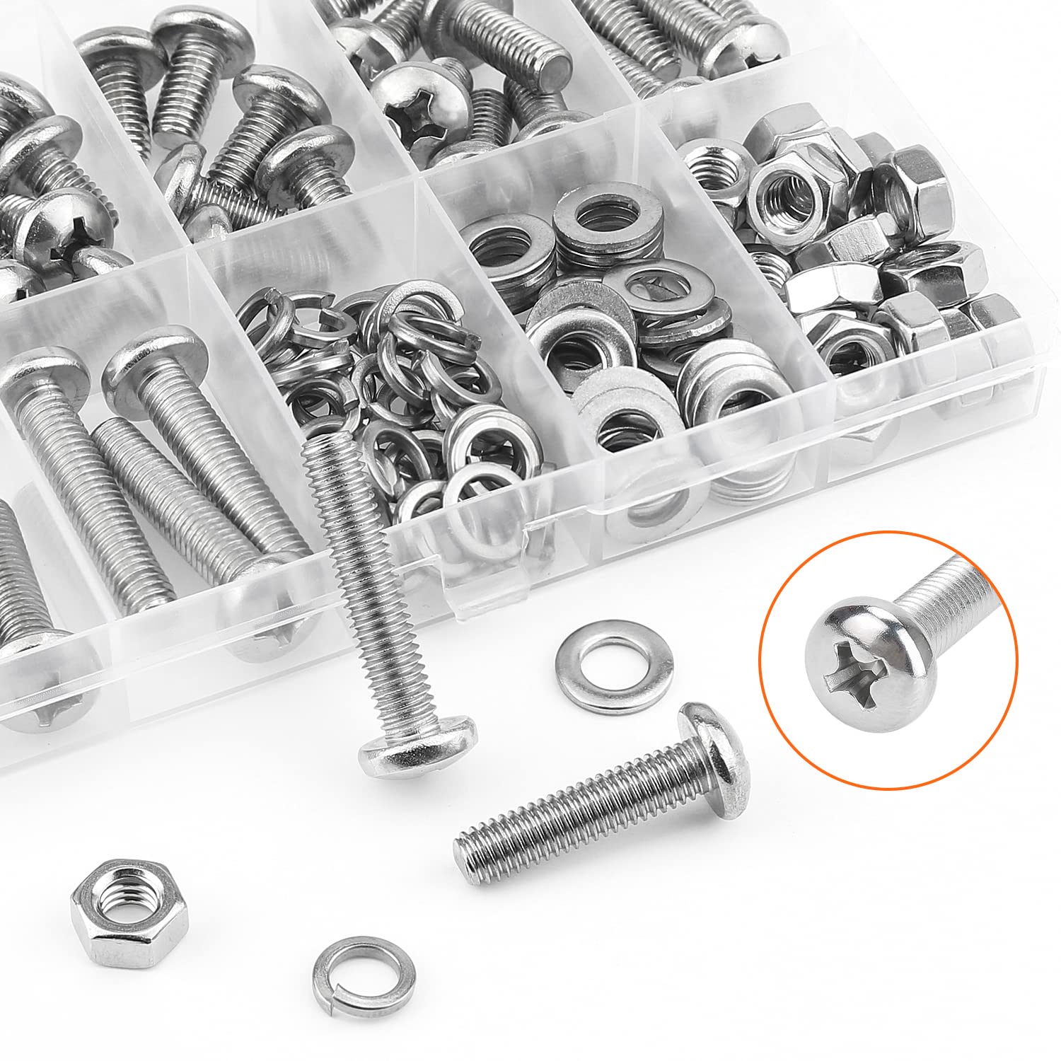 HELIFOUNER 128 Pieces M6 x 8mm /10mm /12mm /16mm /20mm /25mm /30mm, Phillips Pan Head Machine Screws, Metric Screws Bolts Washers Nuts Kit, 304 Stainless Steel