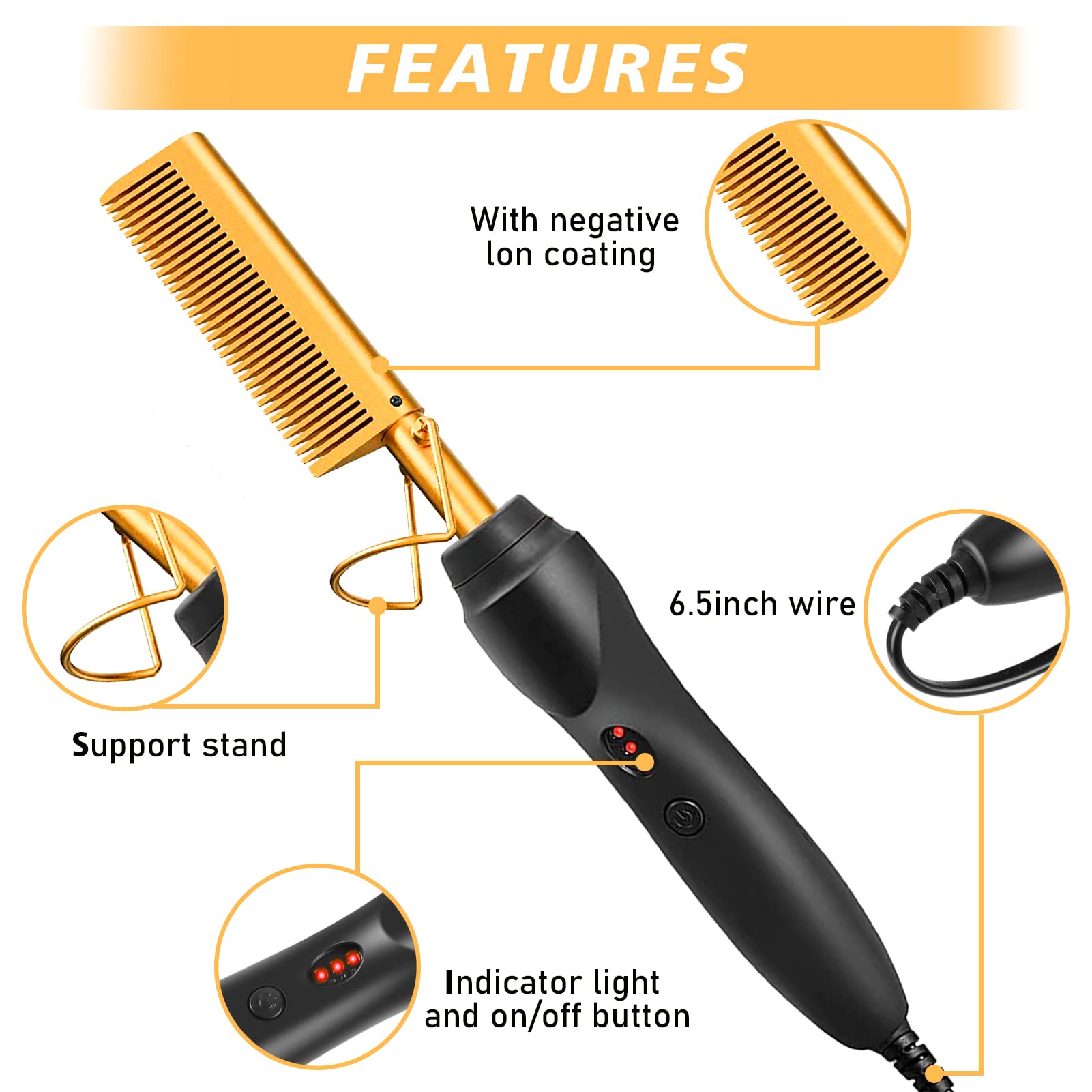 Goiple Electric Hot Comb Hair Straightener, Deluxe Electrical Straightening Comb Curling Iron for Natural Black Hair Wigs Pressing Combs with Wig Glue Hair Wax Stick Set…