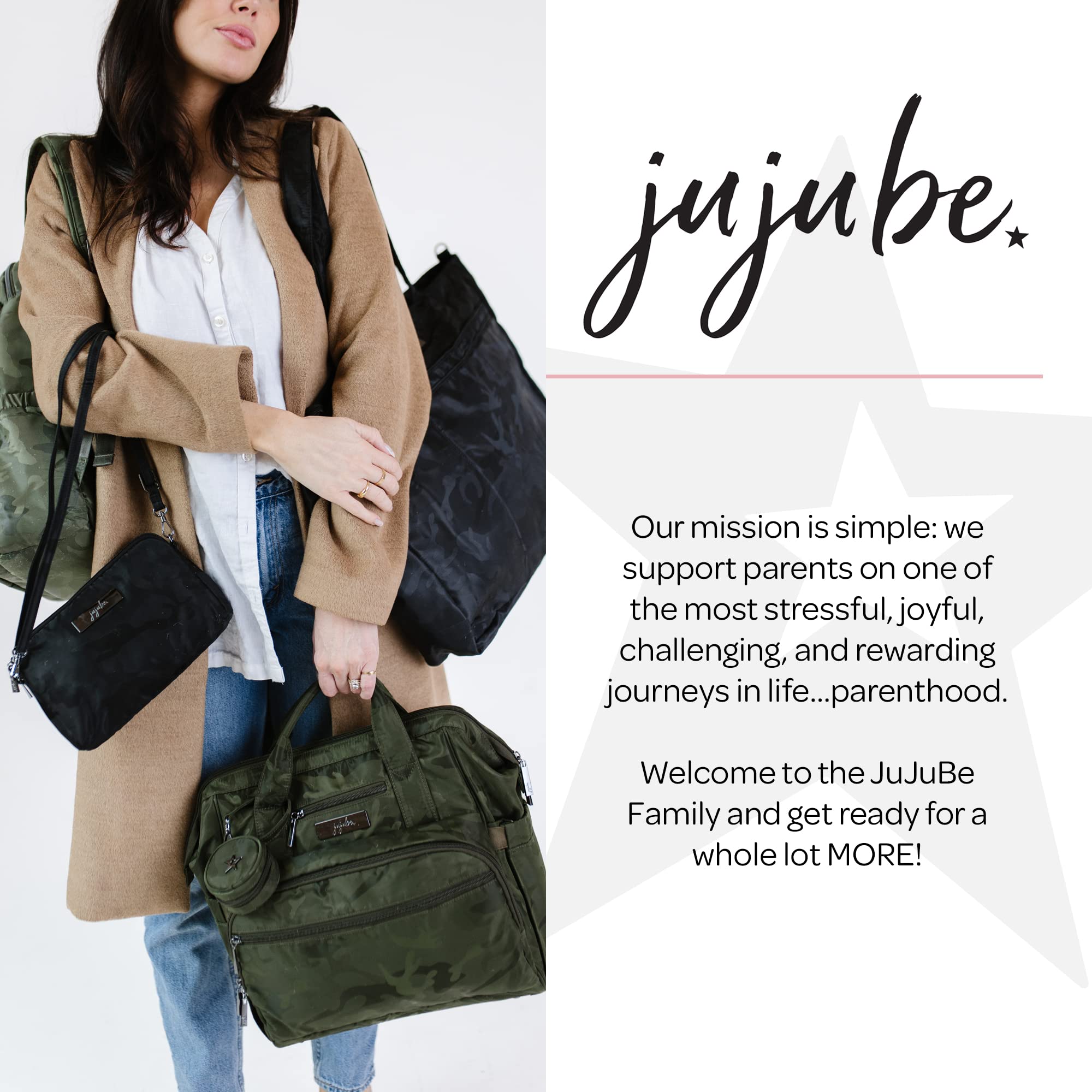 JuJuBe Diaper Bag, Travel Backpack, Large Tote with Portable Changing Pad, Stroller Hooks & Pockets for Baby Bottles, Diapers, Pacifier, Snacks, and Daily Essentials, Dr. BFF - Camo Green