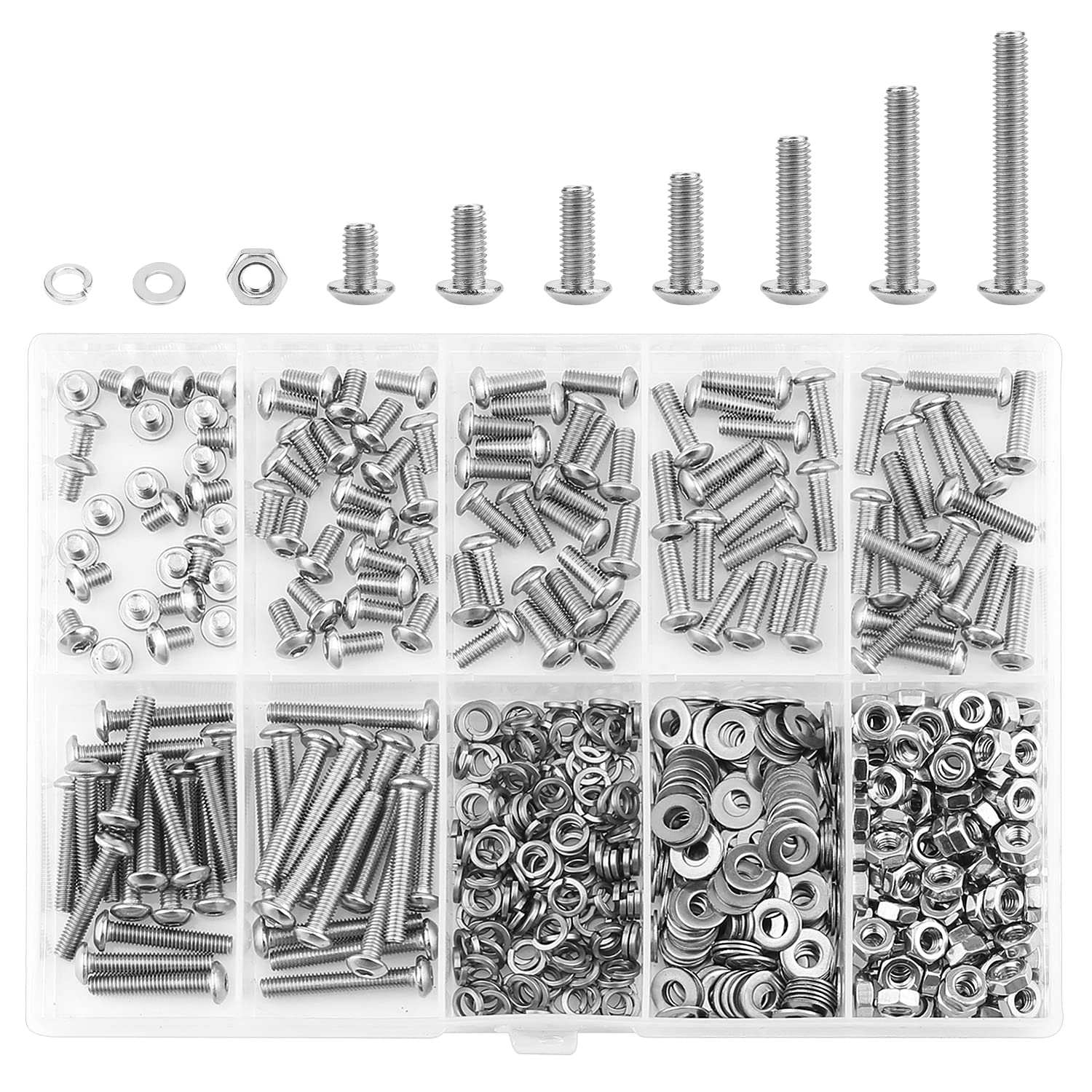 HELIFOUNER 560 Pieces M3 x 4mm /6mm /8mm /10mm /12mm /16mm /20mm, Button Head Socket Cap Screws Bolts Washers Nuts Kit, 304 Stainless Steel