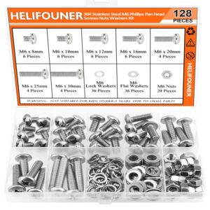 helifouner 128 pieces m6 x 8mm /10mm /12mm /16mm /20mm /25mm /30mm, phillips pan head machine screws, metric screws bolts washers nuts kit, 304 stainless steel