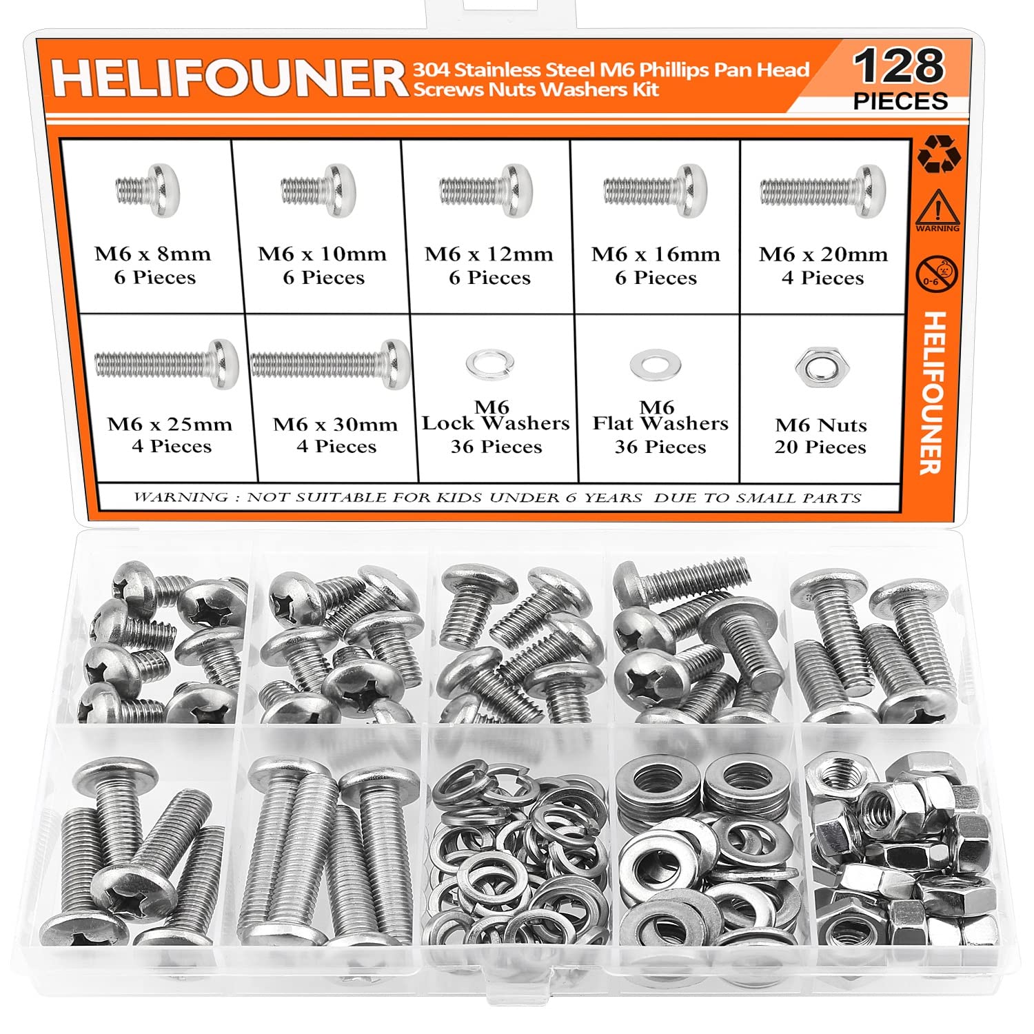 HELIFOUNER 128 Pieces M6 x 8mm /10mm /12mm /16mm /20mm /25mm /30mm, Phillips Pan Head Machine Screws, Metric Screws Bolts Washers Nuts Kit, 304 Stainless Steel