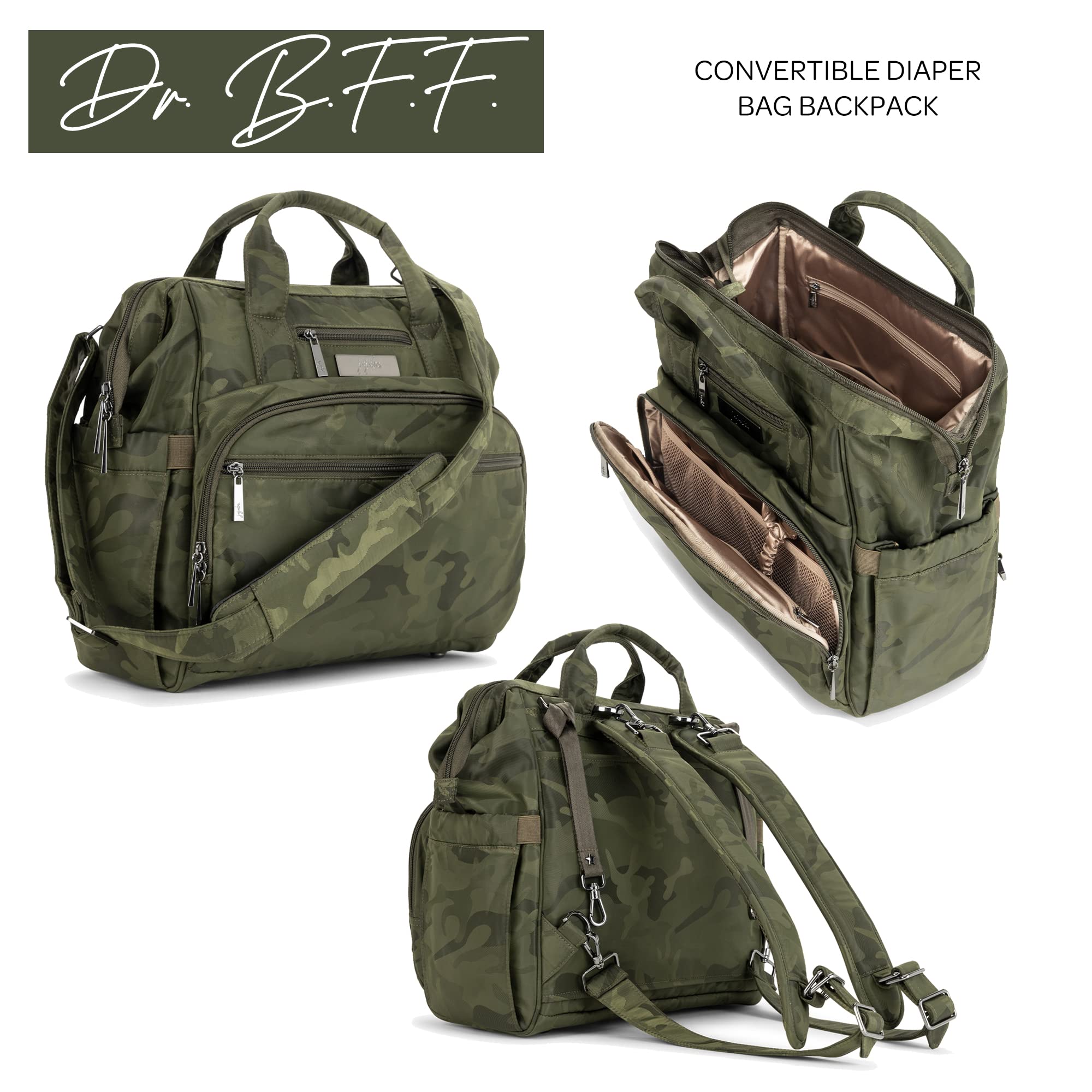 JuJuBe Diaper Bag, Travel Backpack, Large Tote with Portable Changing Pad, Stroller Hooks & Pockets for Baby Bottles, Diapers, Pacifier, Snacks, and Daily Essentials, Dr. BFF - Camo Green