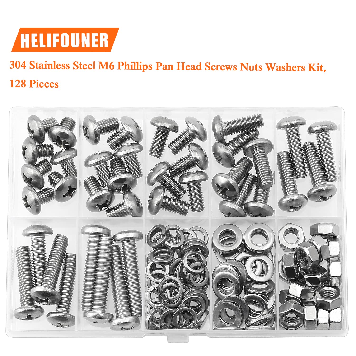 HELIFOUNER 128 Pieces M6 x 8mm /10mm /12mm /16mm /20mm /25mm /30mm, Phillips Pan Head Machine Screws, Metric Screws Bolts Washers Nuts Kit, 304 Stainless Steel