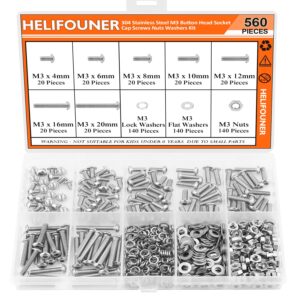 helifouner 560 pieces m3 x 4mm /6mm /8mm /10mm /12mm /16mm /20mm, button head socket cap screws bolts washers nuts kit, 304 stainless steel