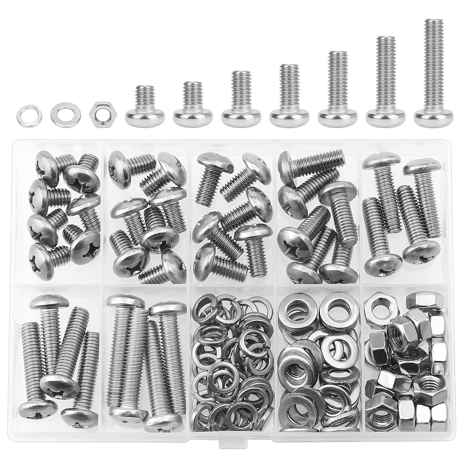 HELIFOUNER 128 Pieces M6 x 8mm /10mm /12mm /16mm /20mm /25mm /30mm, Phillips Pan Head Machine Screws, Metric Screws Bolts Washers Nuts Kit, 304 Stainless Steel