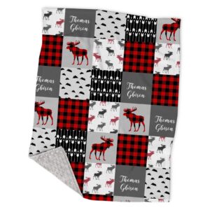 woodland deer personalized baby blankets - customized name nursery soft plush minky blankets for girls kids, red plaid design swadding blankets nursery stroller crib receiving blankets infant newborn