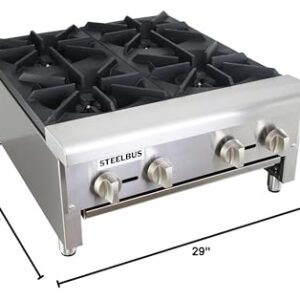 STEELBUS 24'' Heavy duty Commercial Hot Plate 4 Burner Countertop Natural or Propane gas Restaurant Equipment for Soups BTU-112000