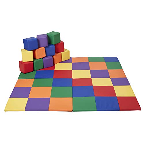 ECR4Kids SoftZone Patchwork Activity Mat and Toddler Blocks, Beginner Playset, Assorted, 13-Piece