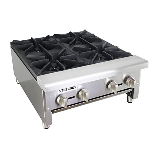 STEELBUS 24'' Heavy duty Commercial Hot Plate 4 Burner Countertop Natural or Propane gas Restaurant Equipment for Soups BTU-112000