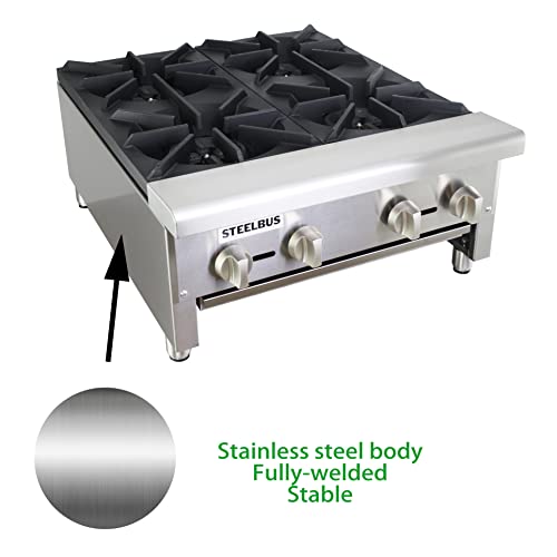 STEELBUS 24'' Heavy duty Commercial Hot Plate 4 Burner Countertop Natural or Propane gas Restaurant Equipment for Soups BTU-112000