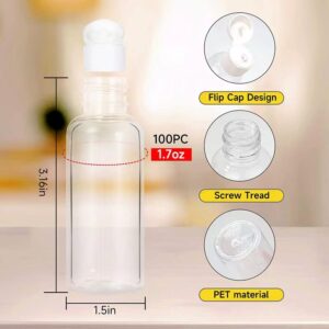 50 Pack 1.7oz/50ml Travel Plastic Empty Bottles Mini Hand Sanitizer Bulk Travel Size with Flip Cap, Squeezable Refillable Container for Cosmetic Baby Shower Birthday Wedding Party Favor (50PC-CLEAR)