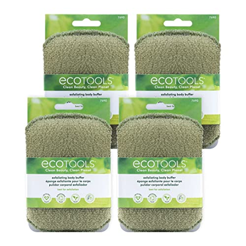 EcoTools Exfoliating Body Buffer, For Body Cleansing, Removes Dead Skin, Moderate Exfoliation, Bath & Shower Accessory, Designed With Strap, Sustainable & Vegan Body Scrubber, 4 Count