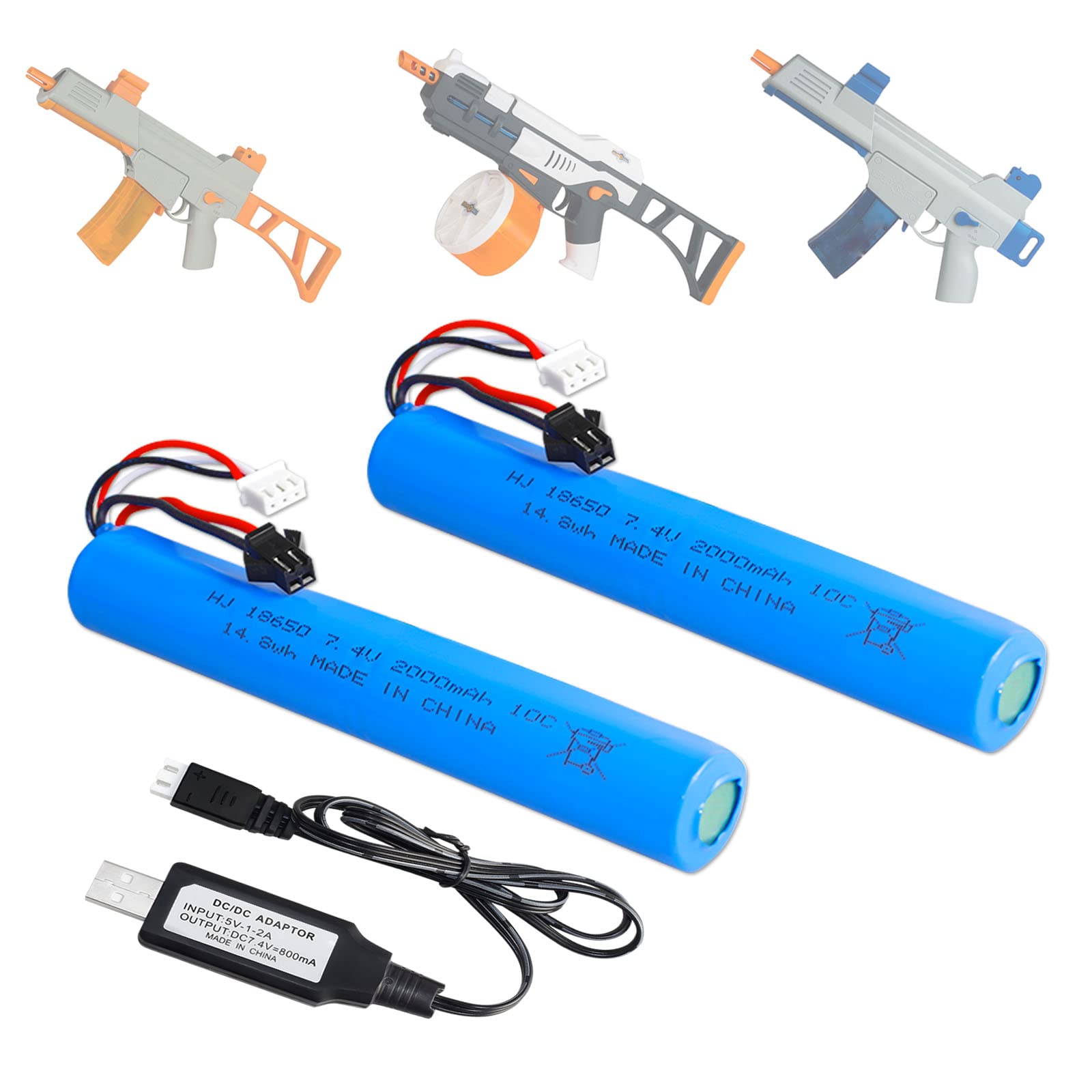 BTEDZSW 2 Pack 7.4V 2000mAh Battery Splatter Ball Gun Battery Pack Accessories for SRB1200 400 400-SUB Airsoft or Water-Gun Toy with USB Charging Cable Rechargeable Lithium Battery SM2P XH-3 Plug