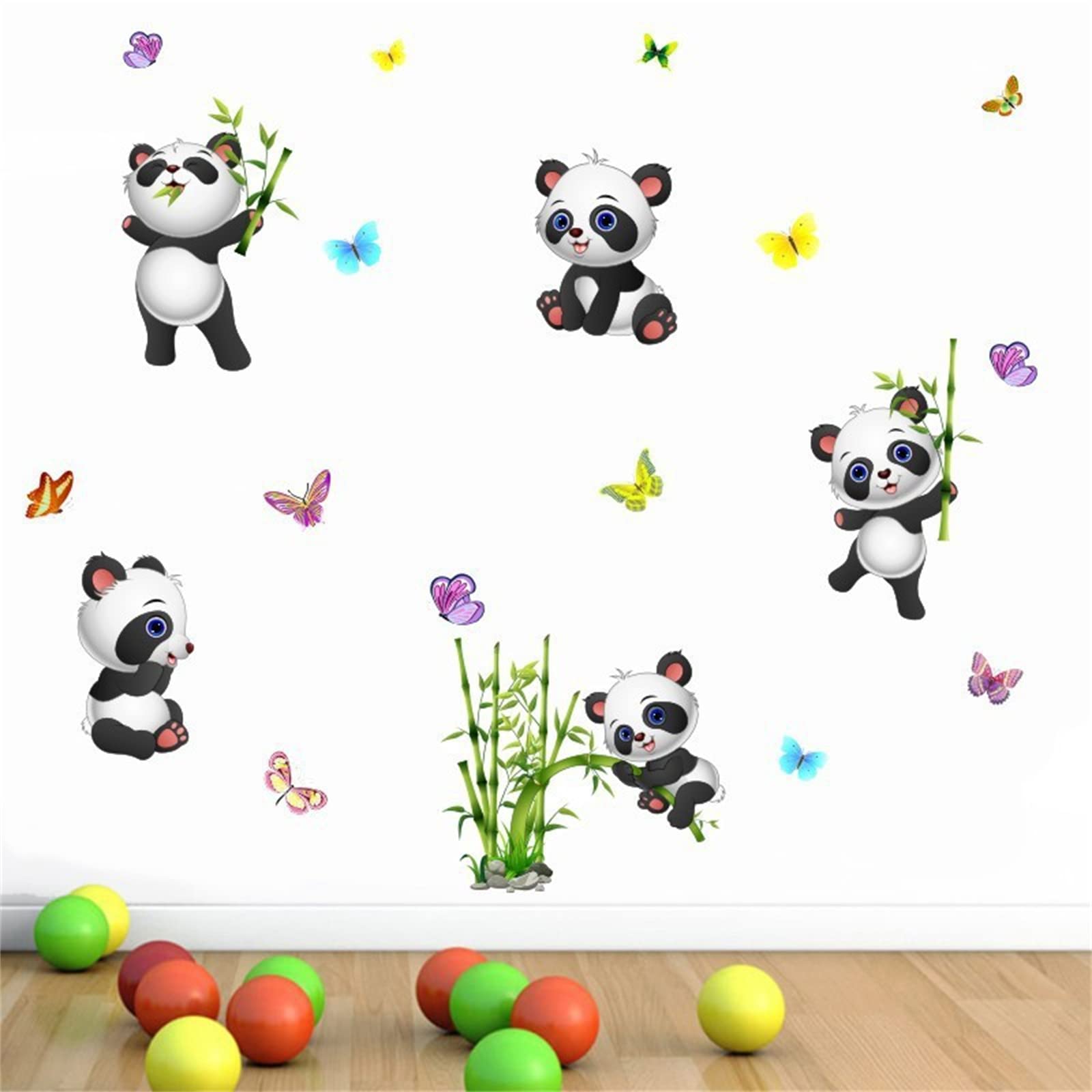 Panda Bamboo & Butterfly Wall Decals,Peel and Stick Removable Animal Wall Stickers for Kids Children Bedroom Nursery Home Decor(11x10in)