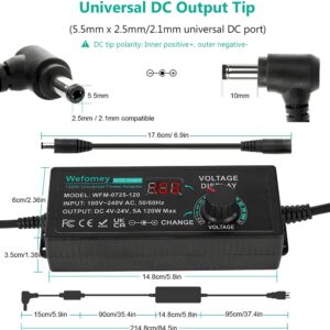 120W Universal Power Supply Adjustable DC 3V ~ 24V Variable Switching AC/DC Adapter 100V-240V AC to DC 24V 5A Converter with 14 Tips & Polarity Converter - 5000mA Max