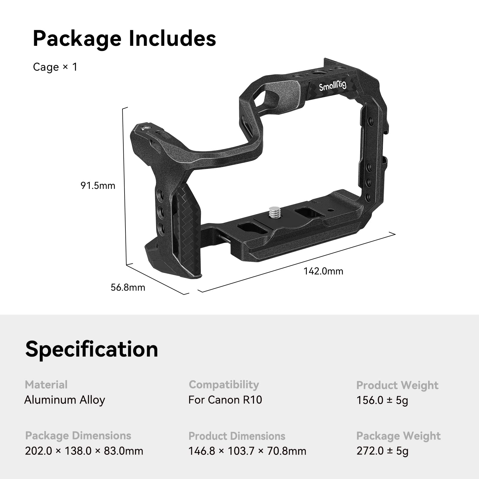 SmallRig R10 Cage for Canon R10, Aluminum Alloy R10 cage with 1/4"-20 and 3/8"-16 Threaded Hole, Cold Shoe, NATO Rail and Quick Release Plate for Canon R10-4004