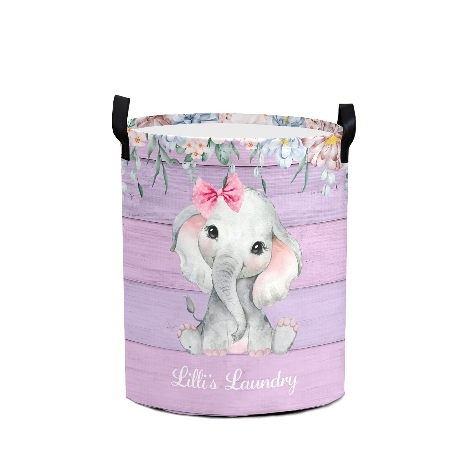 Pink and Lavender Floral Elephant Storage Bin, Waterproof Oxford Fabric Clothes Basket Organizer for Laundry Hamper,Toy Bins,Gift Baskets, Bedroom, Clothes,Baby Nursery