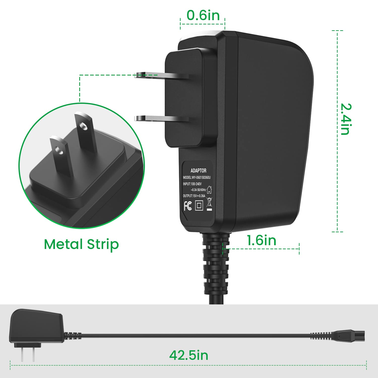 15V Shaver Charger Cord Fit for Philips Norelco HQ8505 9000 7000 5000 3000 Series Electric Shaver Razor,Aquatec,Arcitec,Multigroom Beard Trimmer Replacement HQ8505 Adapter Power Cord (15V 0.36A 5.4W)