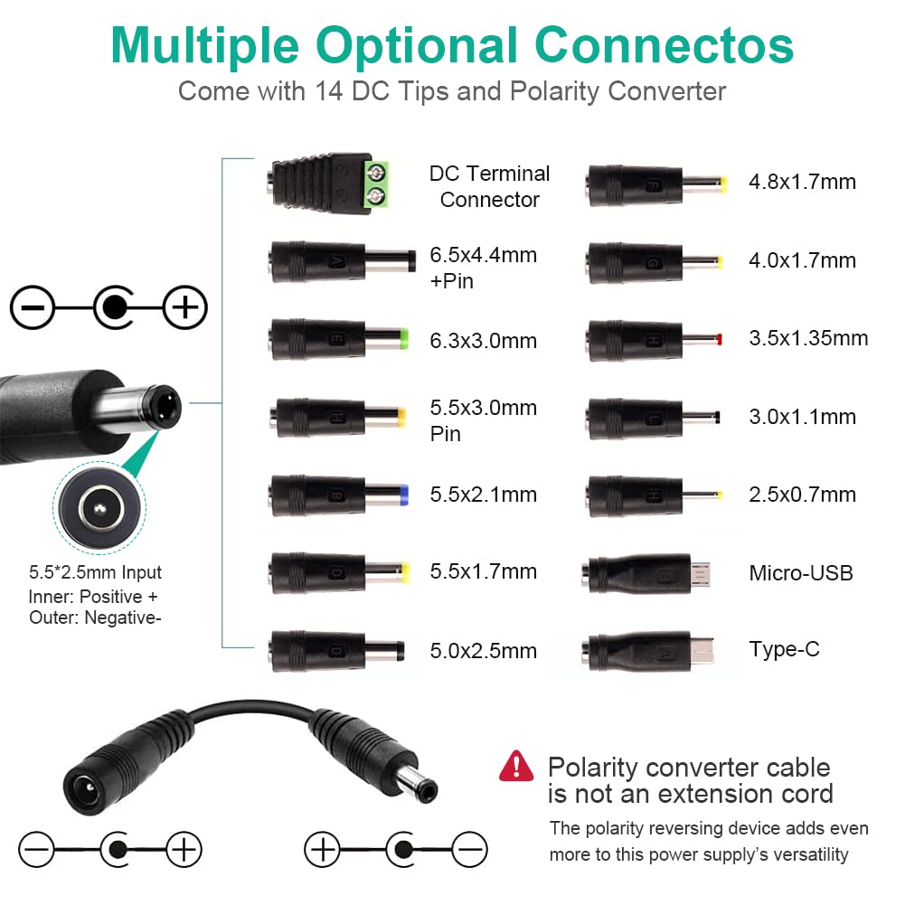 120W Universal Power Supply Adjustable DC 3V ~ 24V Variable Switching AC/DC Adapter 100V-240V AC to DC 24V 5A Converter with 14 Tips & Polarity Converter - 5000mA Max