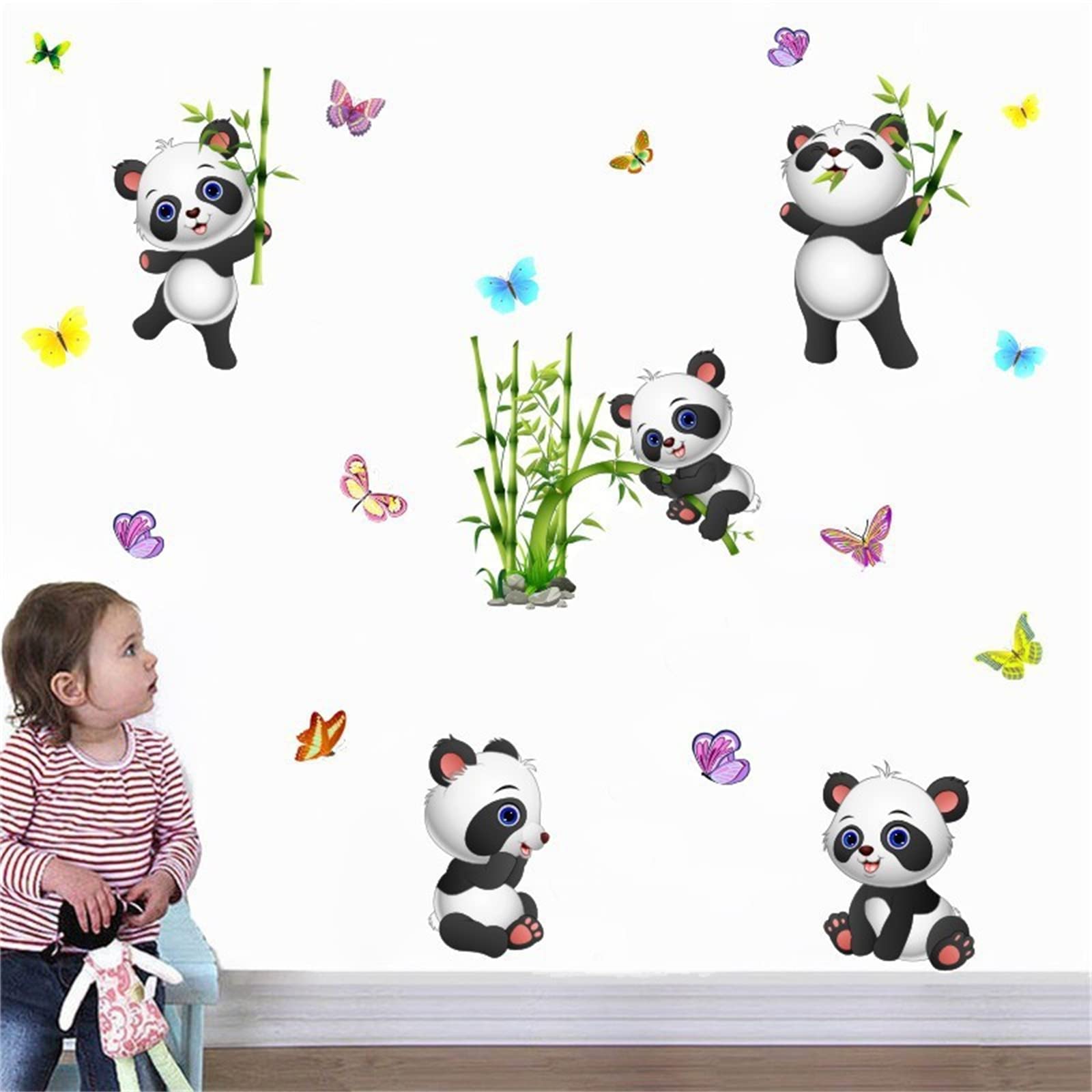 Panda Bamboo & Butterfly Wall Decals,Peel and Stick Removable Animal Wall Stickers for Kids Children Bedroom Nursery Home Decor(11x10in)