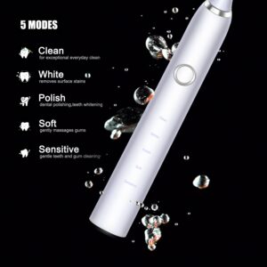 BTFO Sonic Electric Toothbrush with 5 Modes, 2pcs Replacement Brush Heads USB Rechargeable Smart Electronic Toothbrush with Holder for Adults IPX7 Waterproof Smart Timing Fast Charging (White)