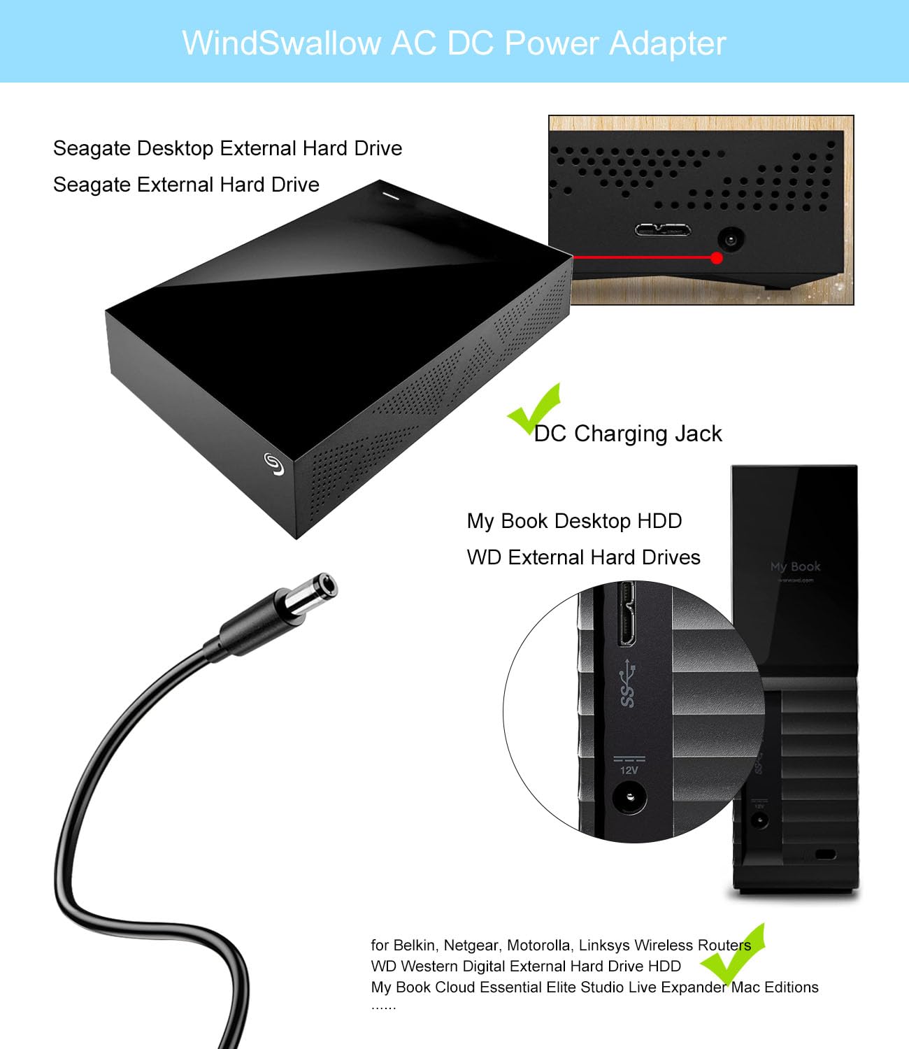 12V AC DC Adapter for Seagate Freeagent Goflex, WD Western Digital My Book External Hard Drive Power Supply Cord, Replacement AC Adapter WA-24E12 ADS-24S-12 STEB8000100 STEL8000100 WDPS037RNN