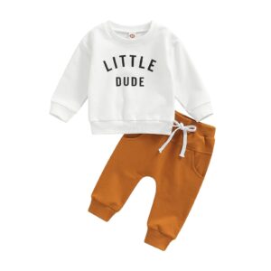 toddler baby boy fall winter outfits letter crewneck sweatshirt casual pants 2pcs clothes set white-brown 6-12 months