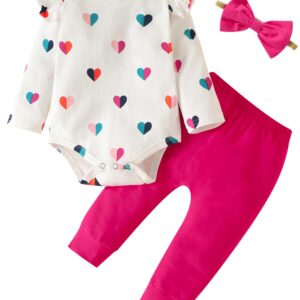 Fullfamous Baby Girl Clothes Gifts Outfits,Fall Winter Long Sleeve Romper and Pant Set Raspberry Heart 6-12 months