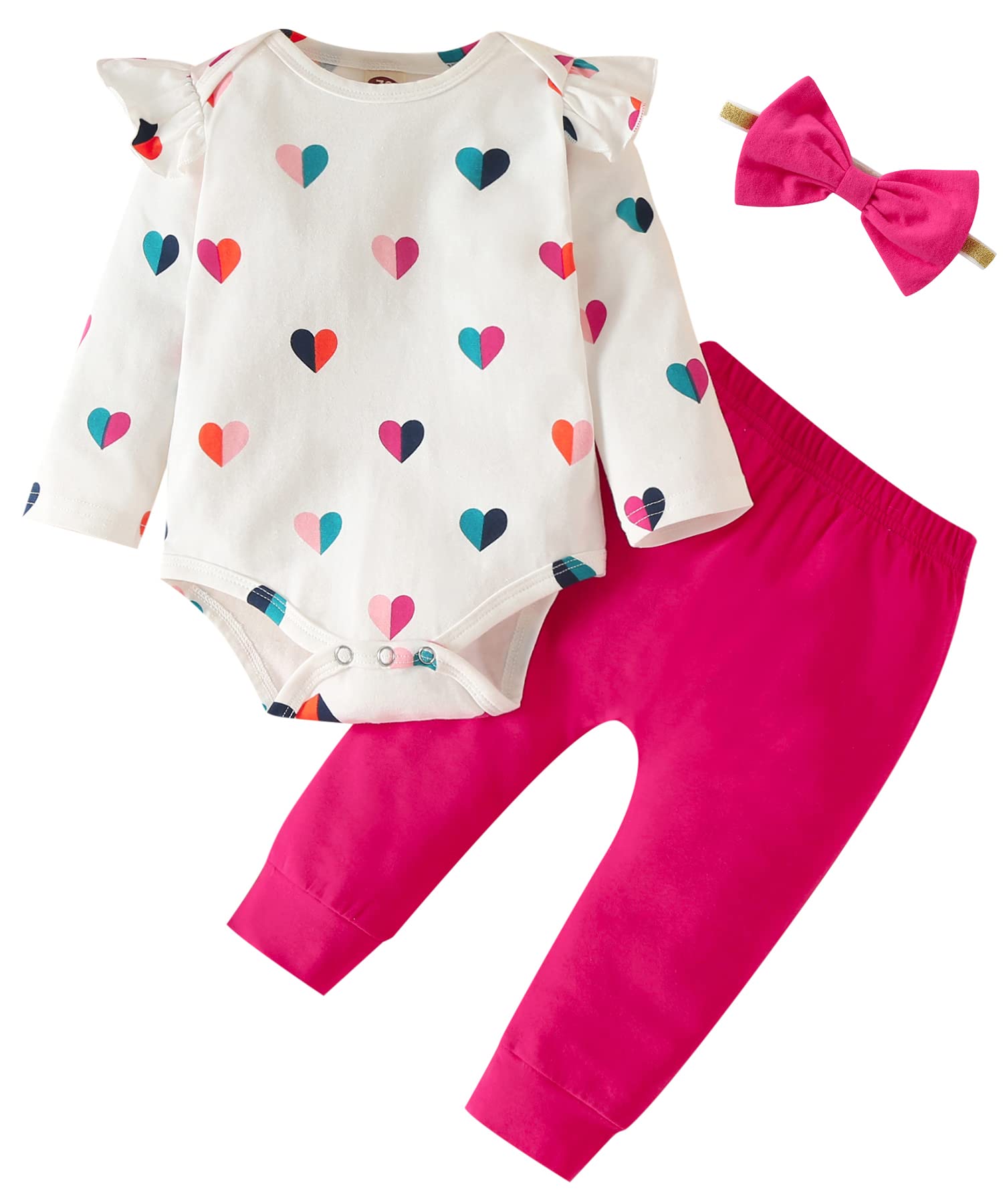 Fullfamous Baby Girl Clothes Gifts Outfits,Fall Winter Long Sleeve Romper and Pant Set Raspberry Heart 6-12 months